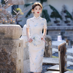 青花國風中長款改良旗袍2025新款女新中式復古修身短袖夏季中長款