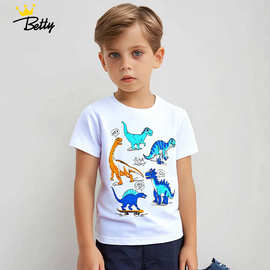 欧美风中小童短袖t恤夏季新款男童t恤针织棉恐龙印花圆领童装上衣