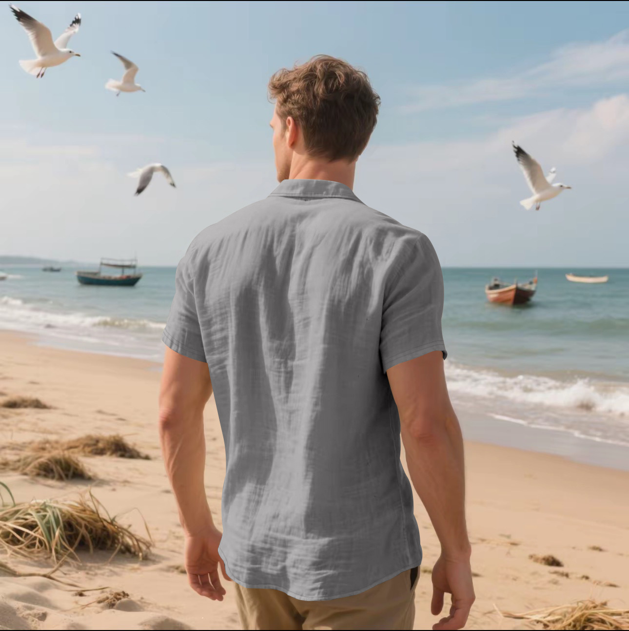 Herren Leinen Kurzarmhemd Atmungsaktives Sommer Freizeithemd_voghion.com