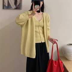 套装女港风复古麻花针织背心开衫上衣女秋冬新款宽松慵懒风两件套