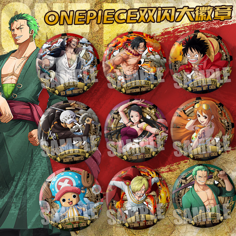 Robin, Luffy, and Nami Merchandise with Large Badges and Pins