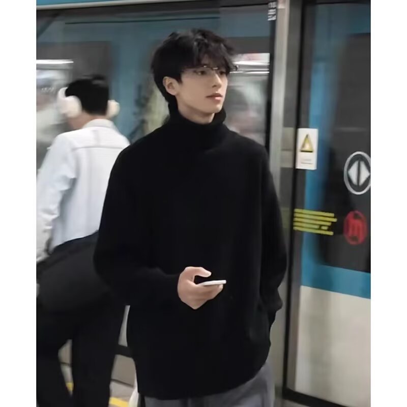 男款秋冬高级感内搭打底衫加绒痞帅慵懒风针织衫黑色可翻高领毛衣,男装针织衫/毛衣,星座614
