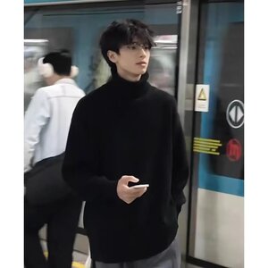 男款秋冬高级感内搭打底衫加绒痞帅慵懒风针织衫黑色可翻高领毛衣图片