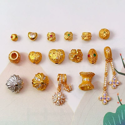 S925 Silver Gold-Plated Heart Flower Crowe Heart Zircon Through-Hole Accessories Spacer Beads Barrel Beads Bracelet DIY Semi-Finished