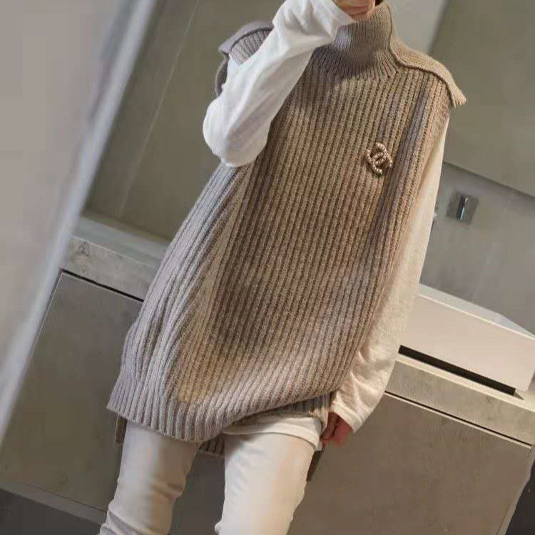 Nuevo estilo coreano de lana suelta Jersey de punto de cuello alto chaleco de lana sin mangas de las mujeres suéter de longitud media chaleco image 4