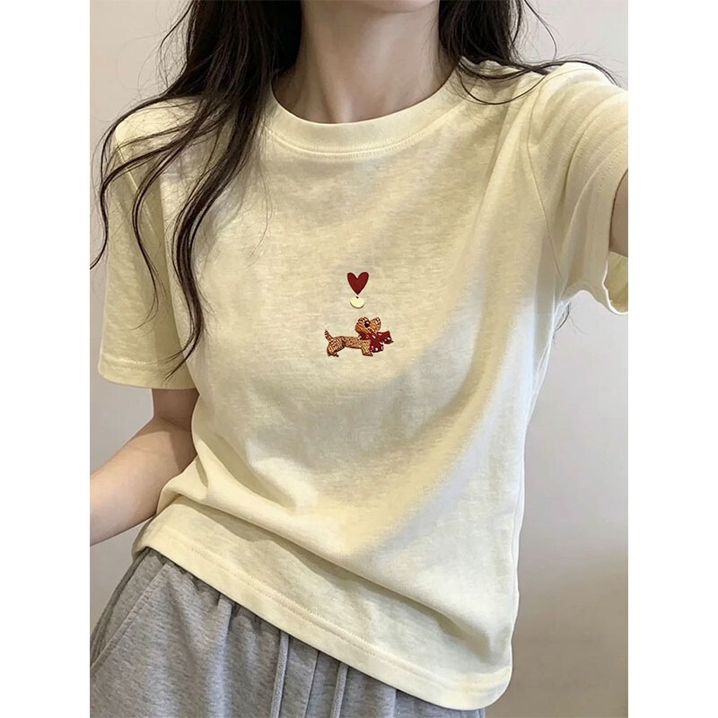 Round Neck, Regular Shoulder, Snowflake Cotton Short-Sleeve T-Shirt for Women, 2026 Summer New Fashion Versatile Light Yellow Top Base Shirt