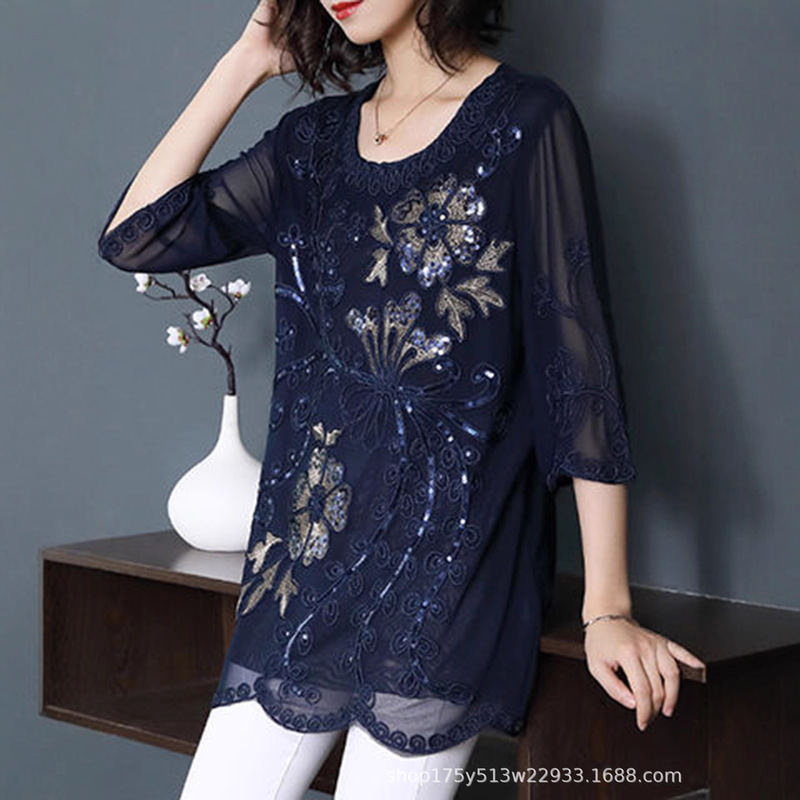 Elegant Women's Embroidered Top with 3/4 Sleeves and Round Neck - Versatile for All Seasons, Perfect for Holiday Parties, High-Quality and Trendy Elegant Women's Embroidered Top with 3/4 Sleeves and Round Neck - Versatile for All Seasons, Perfect for Holiday Parties, High-Quality and Trendy