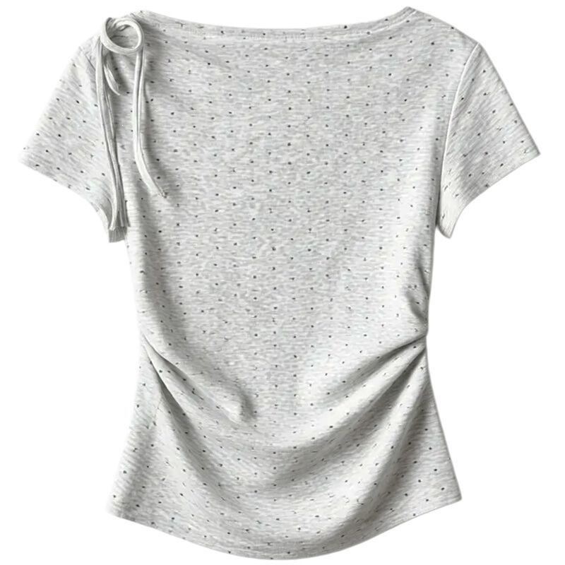 Korean-style 40-count cotton light gray bow-tie short-sleeve T-shirt for women, summer new off-shoulder slim-fit top, ins style Korean-style 40-count cotton light gray bow-tie short-sleeve T-shirt for women, summer new off-shoulder slim-fit top, ins style