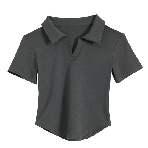 Summer new style slim low V-neck solid color inner top, short outer wear, right shoulder short-sleeved U-neck T-shirt for women