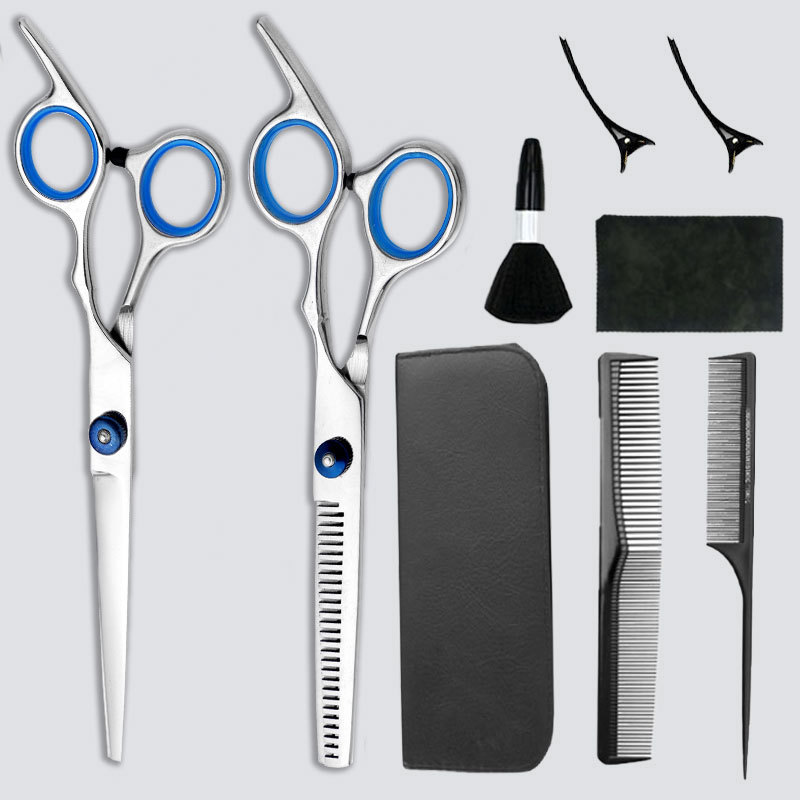 Los fabricantes venden tijeras de corte de pelo de acero inoxidable, corte, corte, corte de dientes planos, juego de adelgazamiento de rango medio, práctico hecho a mano
