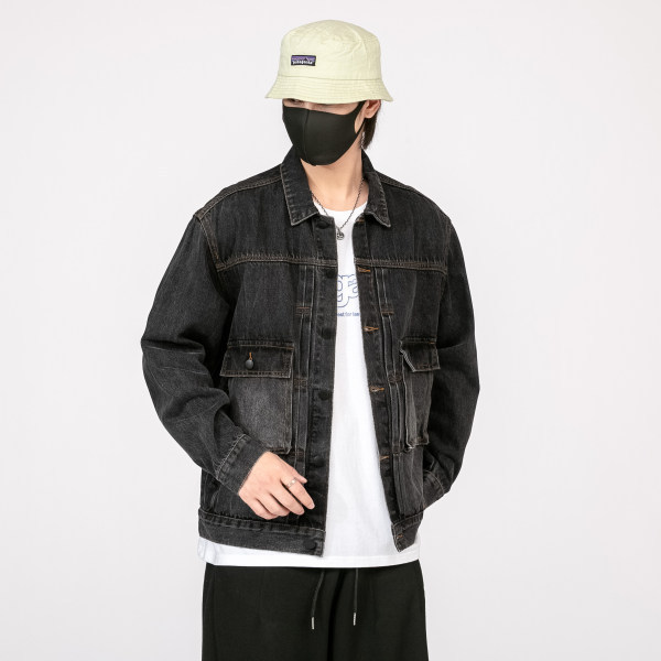 Autumn and Winter Thick Denim Jacket Men's Loose Trendy Brand Ins Overwear Jacket Large Size Men's Black Trendy Denim Jacket