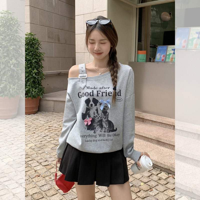 Bowknot Puppy Print Off-Shoulder Long-Sleeve Sweatshirt for Women, 2026 Autumn Base Shirt with Metal Buckle Top