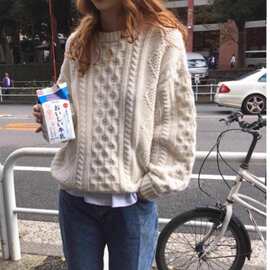 重磅秋冬加厚100羊毛衫女圆领提花针织打底毛衣宽松慵懒风羊绒衫