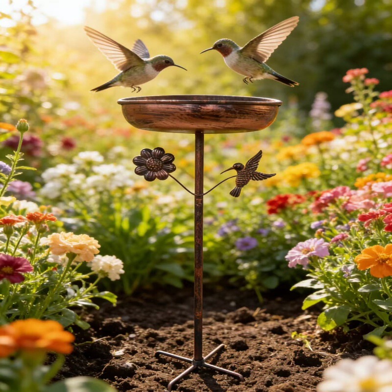Cross-Border Hot-Selling Vintage Copper Hummingbird Water Feeder for Garden, Floor-Standing Bird Bath.