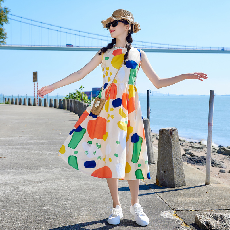 Corea del Sur ropa de los niños vestido las niñas falda graffiti 2024 verano nuevas niñas mayores de los niños sin mangas chaleco falda