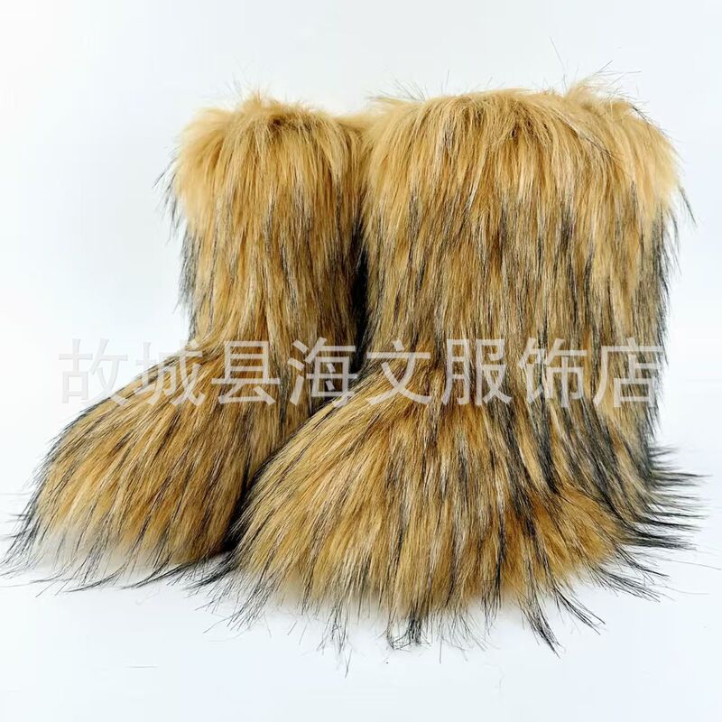 欧美跨境辣妹y2k毛毛靴子女冬季保暖时尚靴中筒靴大码平跟雪地靴|undefined
