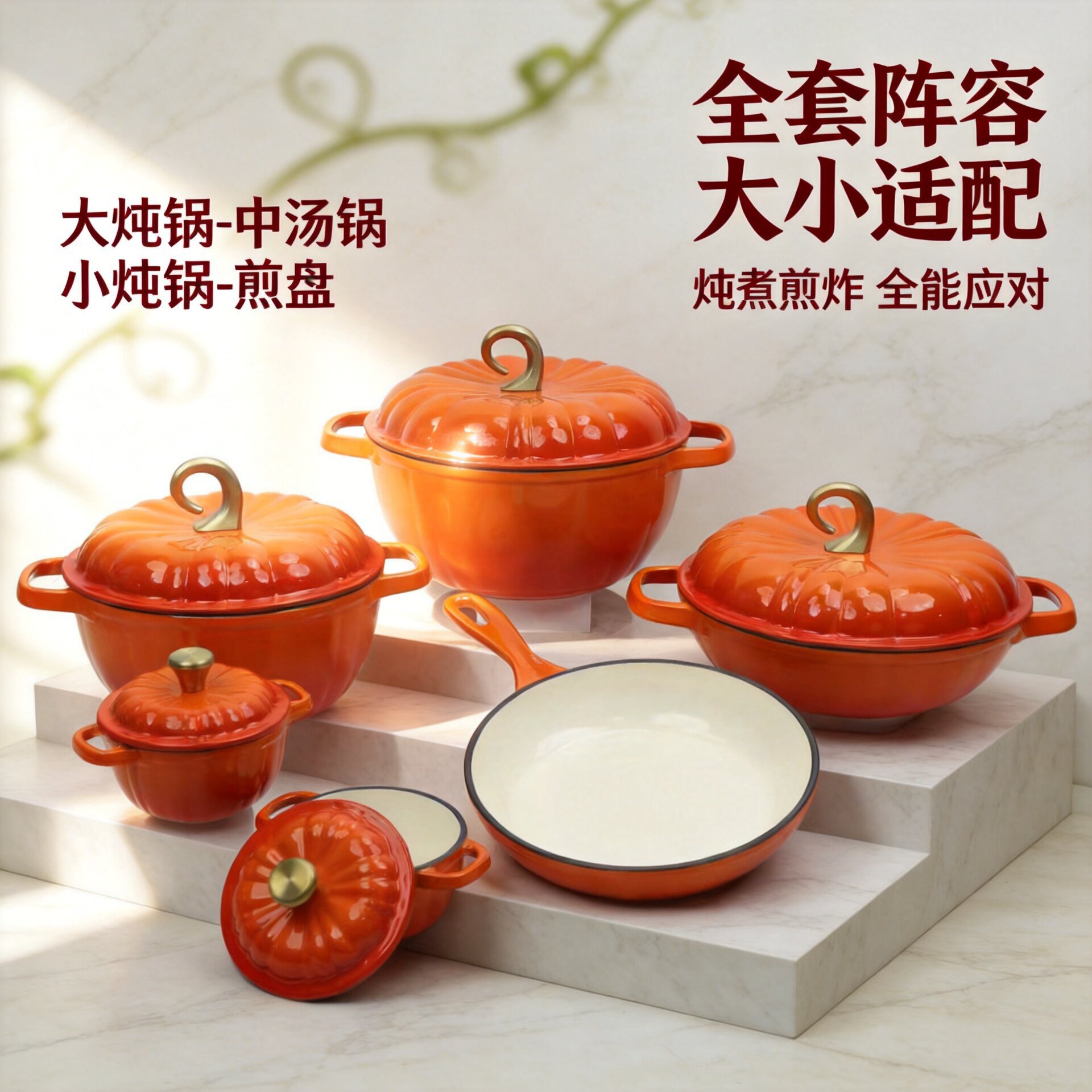 Cast iron double-handled enamel stew pot, exquisite pumpkin-shaped home-use soup and braising pot, four-piece soup pot set