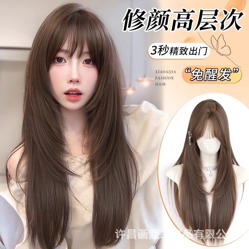 [No Wake-up Hair] Women's Wig Long Straight Hair Internet Red Layers Refined Natural Big Head Skin Simulation Hair Full Head Cover