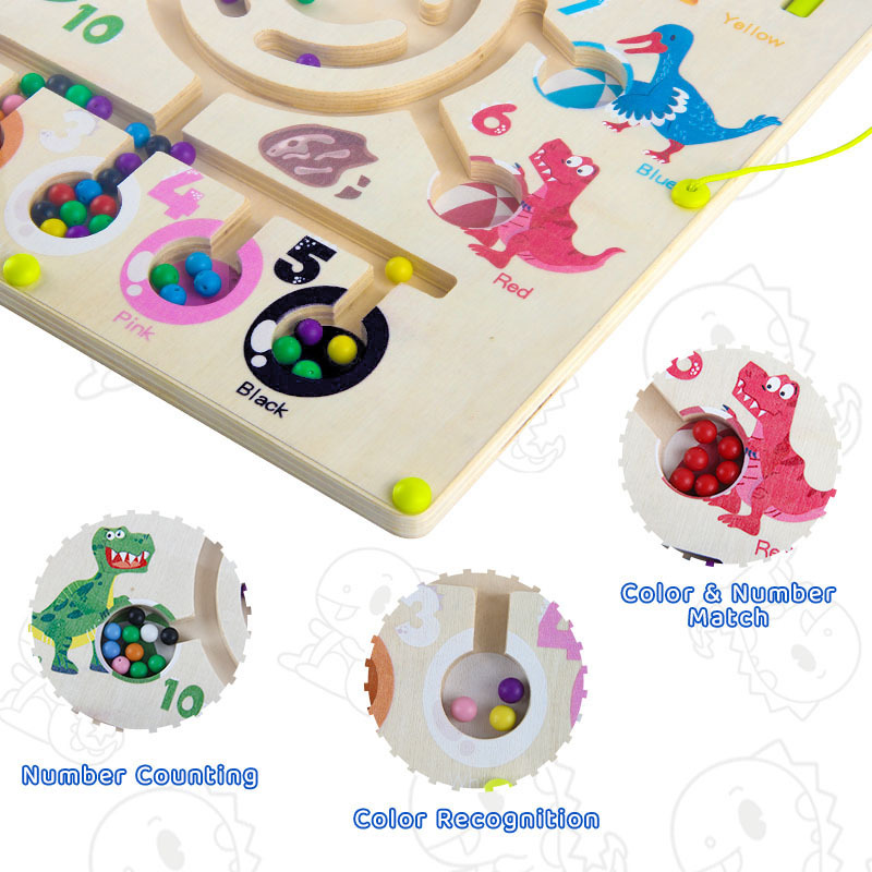 Rompecabezas para niños, bolígrafo magnético, laberinto, educación temprana Montessori, clasificación de colores de dinosaurios de madera, ayudas didácticas, juguetes con cuentas al por mayor