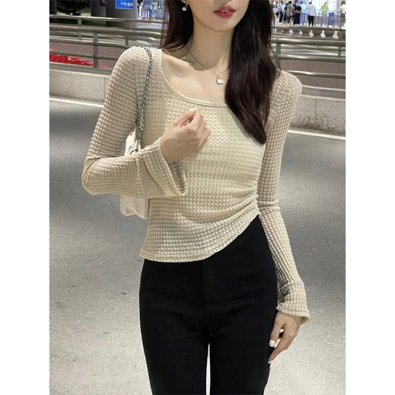 Весна 2023 Spice Girl Вафельный Рог Футболка с длинными рукавами Маленькая рубашка Приталенный Тонкий Топ с квадратным воротником Внутренняя Базовая рубашка