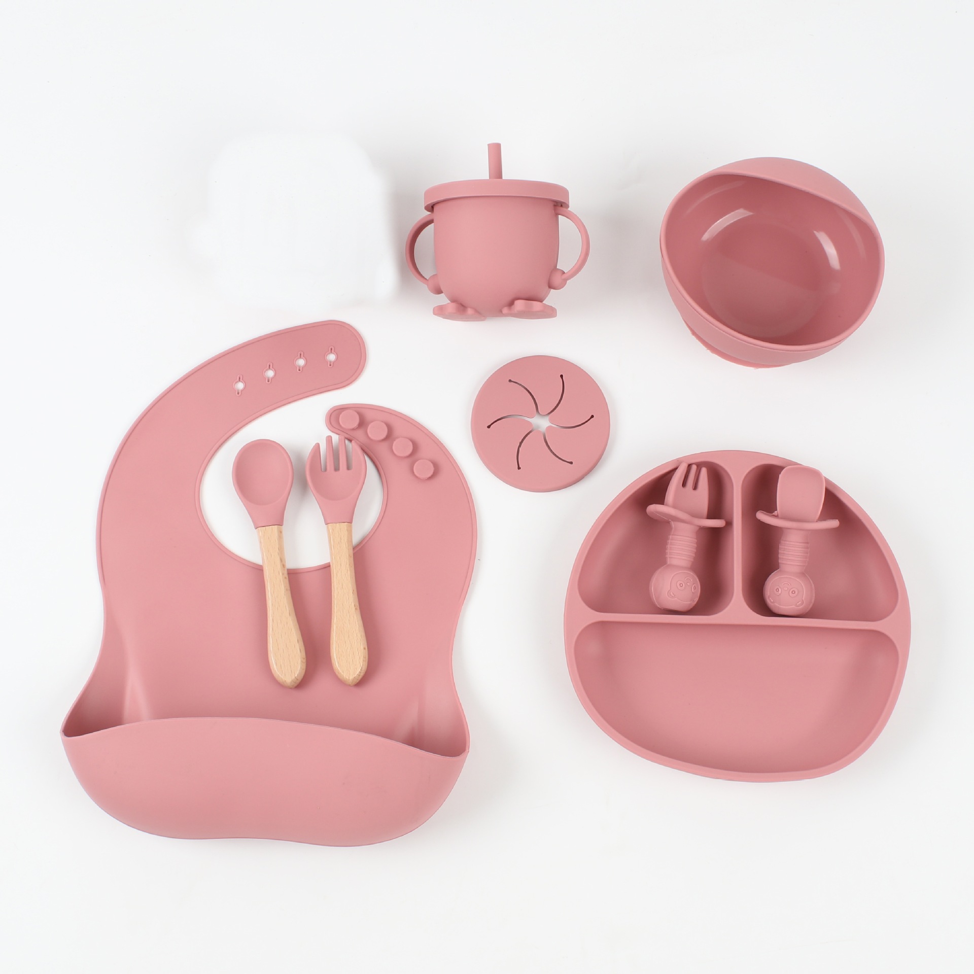 Vajilla de silicona de punto transfronterizo, tenedor, cuchara, taza para beber, suplemento alimenticio para niños, juego de 9 piezas, plato de ventosa, babero, plato de comedor, ventosa a prueba de caídas