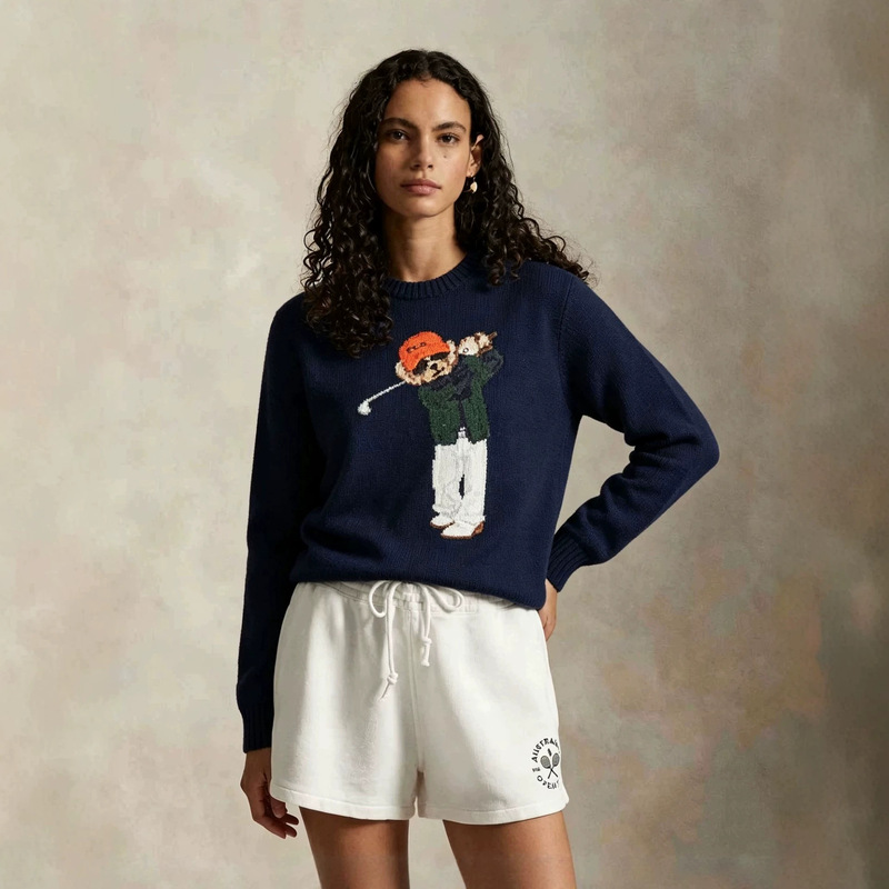 European and American 2026 Fall/Winter New Cross-Border American Style Sunglasses Golf Bear Patch Embroidered Knit Crew Neck Sweater