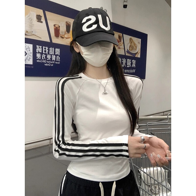 Sports Style Three-Stripe Slim-Fit Long-Sleeve Top for Women, Cotton, Spring and Autumn Women's Round-Neck T-Shirt, Base Layer Shirt