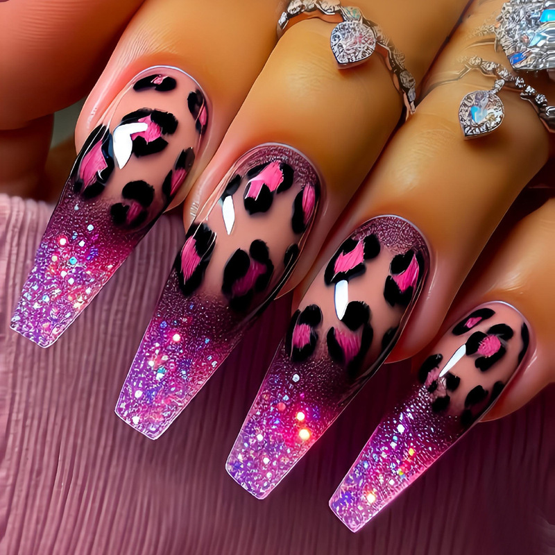 Europe and the United States hot long ballet home purple leopard print fake nails dazzling color starry sky point wear nail nail stickers