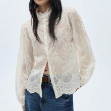 欧美女装亚马逊25春季新款女式衬衫重工刺绣天丝雪纺长袖半透上衣