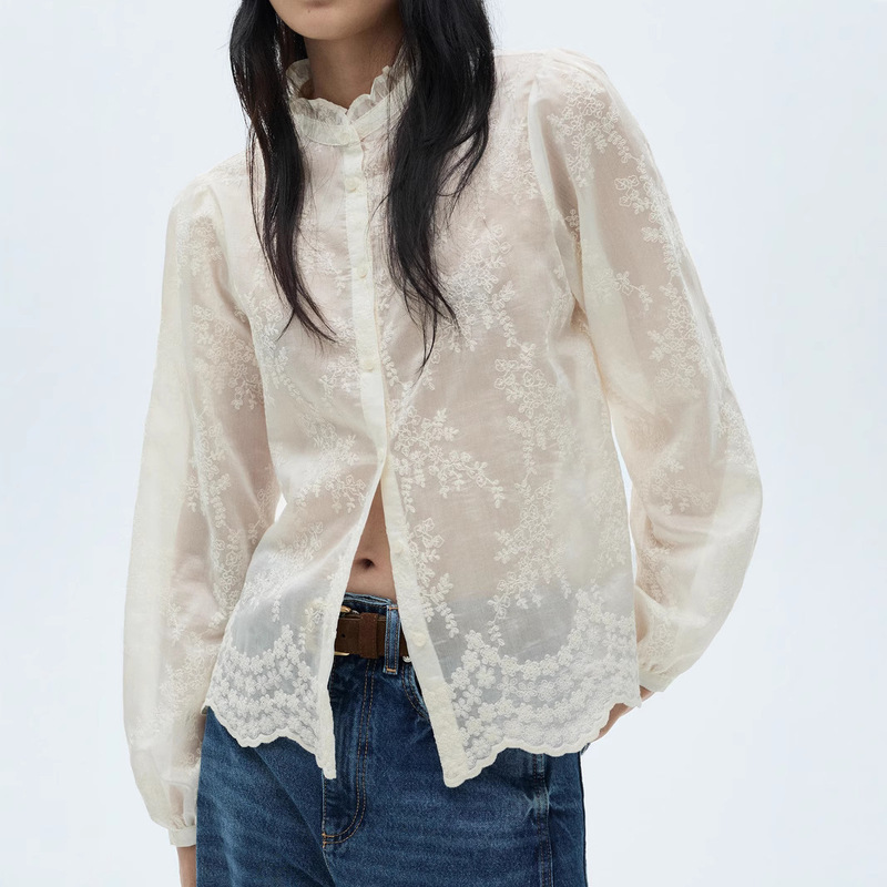 European and American Women's Clothing Amazon 25 Spring New Women's Shirt Heavy Embroidered Tencel Chiffon Long Sleeve Semi-transparent Top