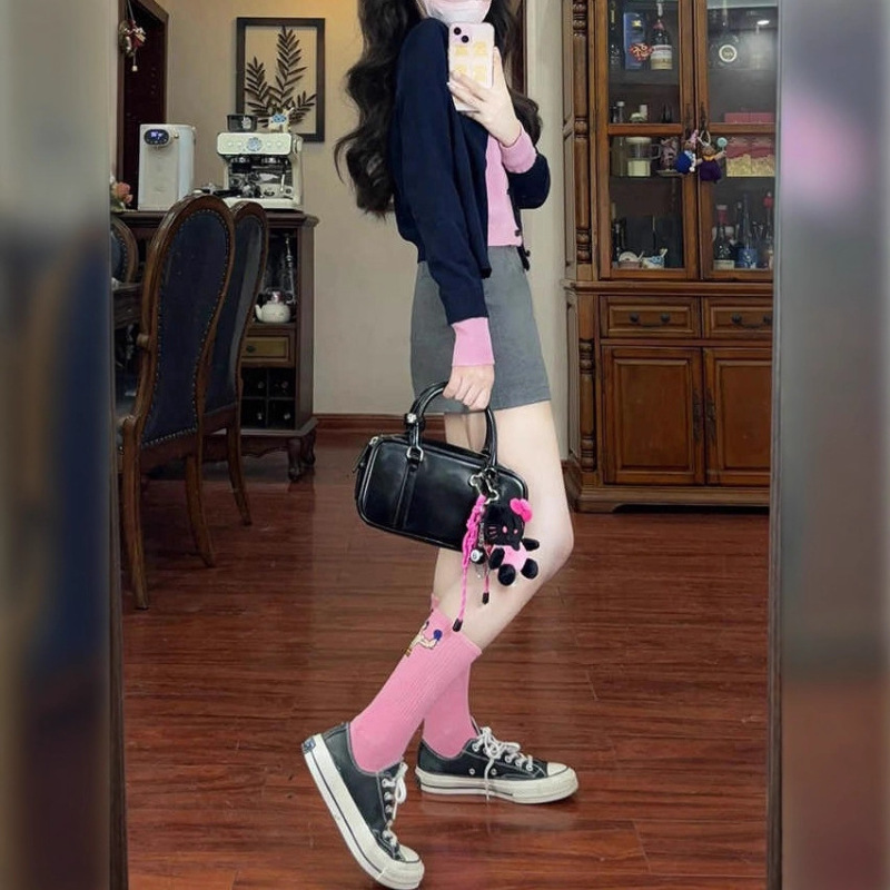 韩系时尚穿搭假两件长袖针织开衫女秋季新款修身显瘦气质辣妹上衣|undefined