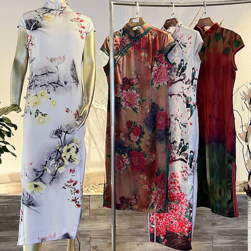 广州十三行档口新品品牌女装新中式高端真丝方形立领收腰旗袍货源