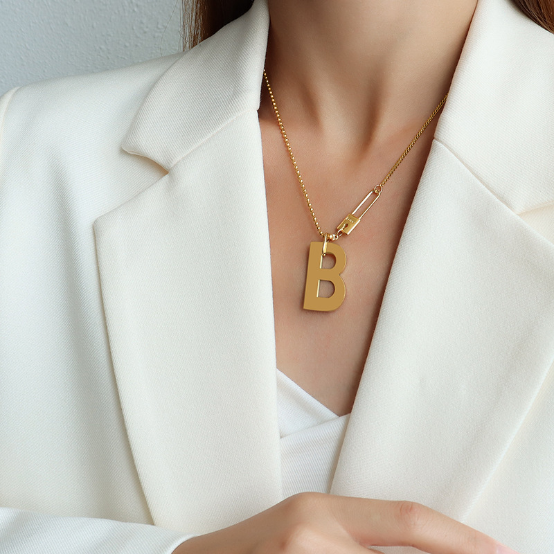 ins cold wind exaggerated letter B stitching pin lock necklace titanium steel plated real gold letter clavicle chain_voghion.com