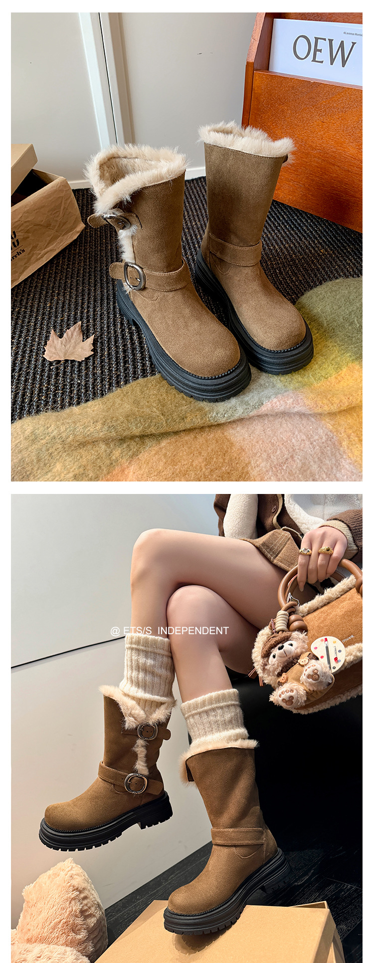 Boot nữ đế dày khóa kim loại da lộn, kiểu hai lớp gấp, lót bông giữ ấm, cổ ngắn — màu đen chi tiết 16