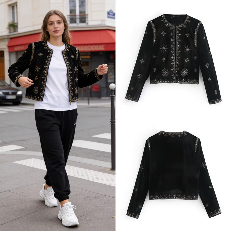 Z Brand Foreign Trade Cross-Border Ready Stock European and American Style Women's Clothing 2026 Spring New Palace Style Embroidered Velvet Coat