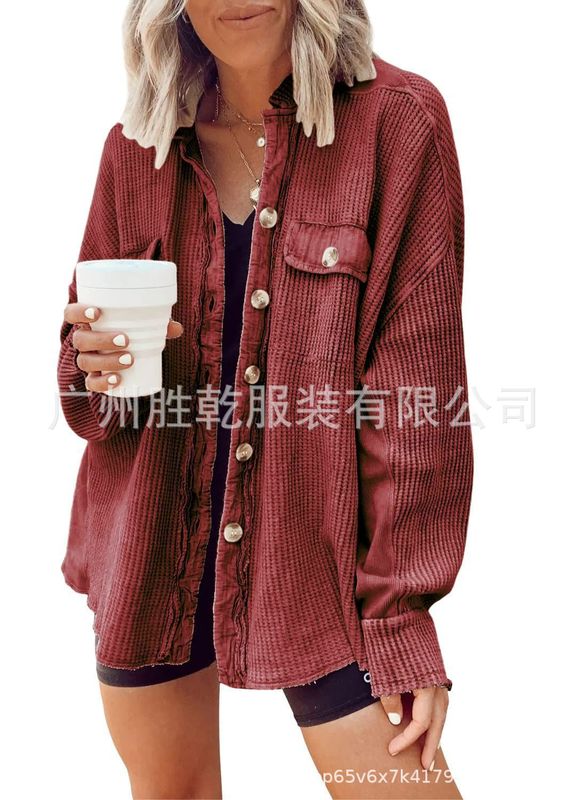 2025欧美跨境外贸秋冬拼接针织开衫外套女时尚休闲小立领口袋华夫|undefined