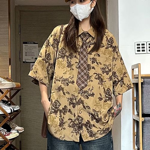 Men's Summer Band Collar Floral Short-Sleeve Shirt, Loose Fit, 300 Pounds Plus Size, Hip-Hop Stylish, Hawaii Beach Top