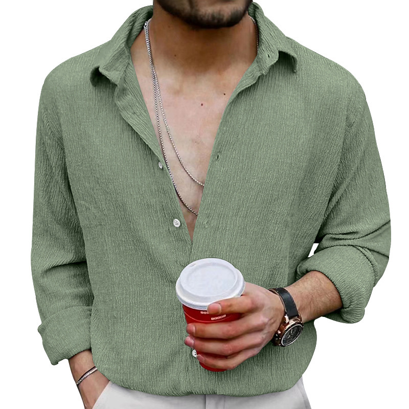 Men's Wrinkle Fabric Cardigan Solid Colour Casual Overcoat Style_voghion.com
