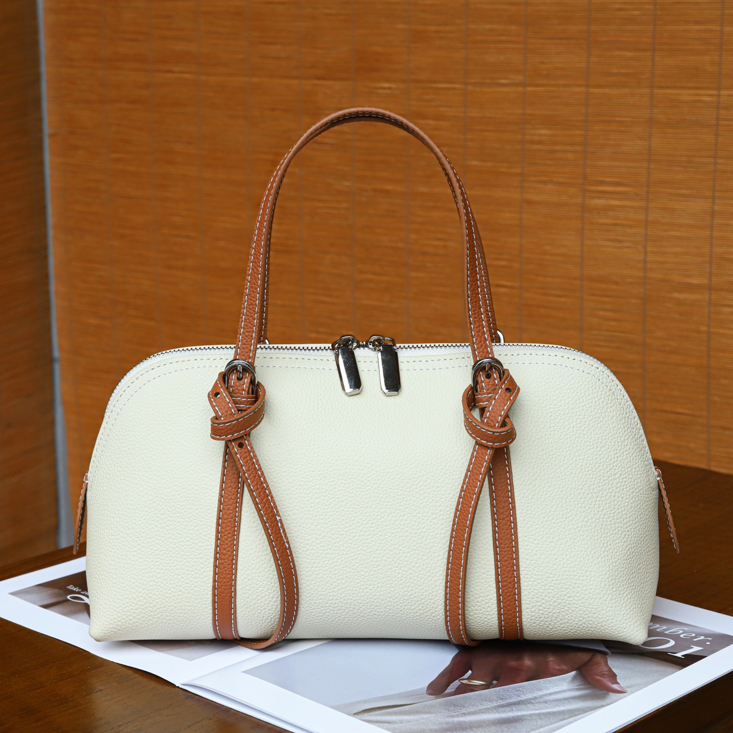 Cross-Border Women's Top Grain Cowhide Bowling Bag Retro Casual Commuter Genuine Leather Shoulder Handbag - Thumbnail 8