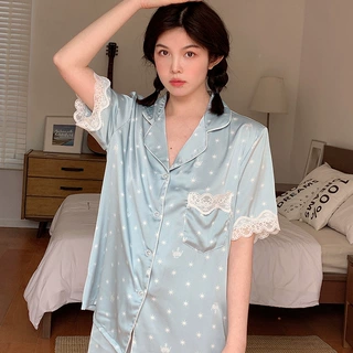 睡衣女春夏新款星星短袖短裤两件 套装冰丝睡衣丝绸家居服批发