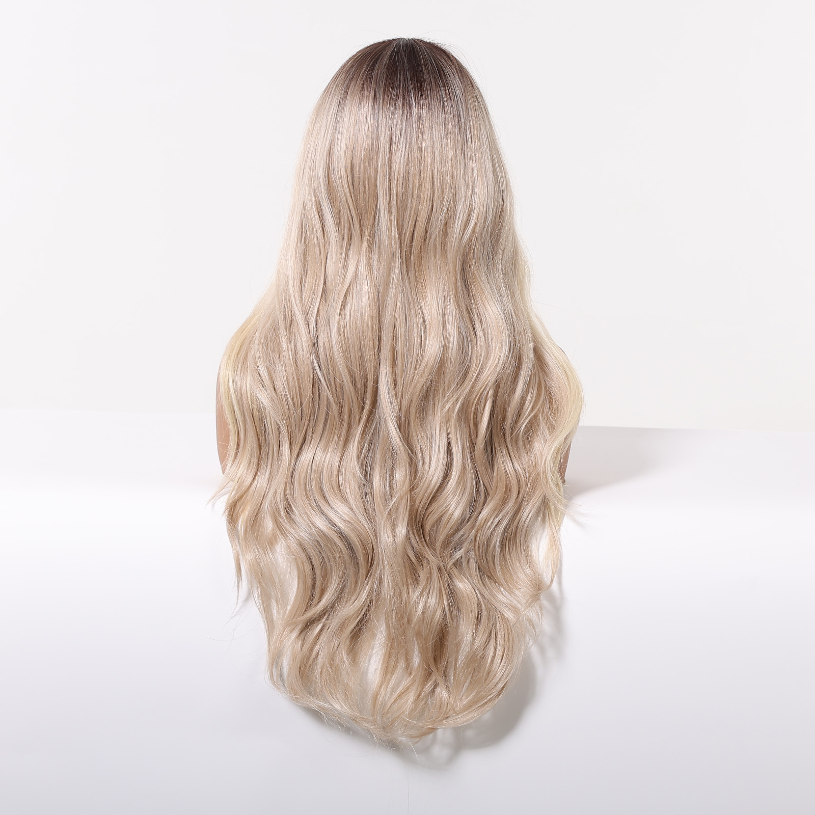 Ventas transfronterizas calientes gancho de mano pequeña T frente peluca de encaje mujer cubierta de cabeza completa oro gradiente dividido en rollo largo encontrado encaje