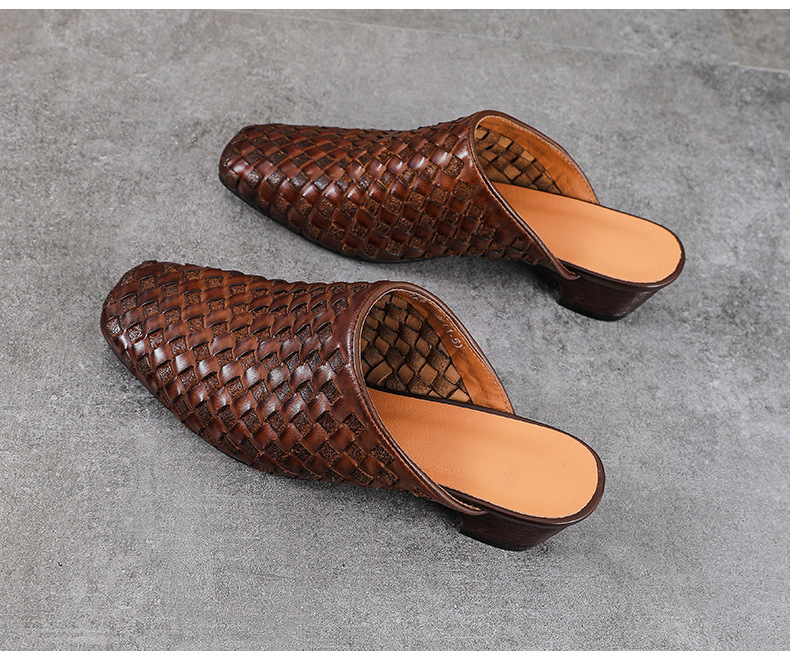 Dép sandal nữ bít mũi da bò thật đan thủ công phong cách vintage gót thấp — màu nâu chi tiết 14