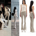 微喇叭浅色拼接牛仔裤女2025春夏新款修身显瘦设计感百搭拖地长裤