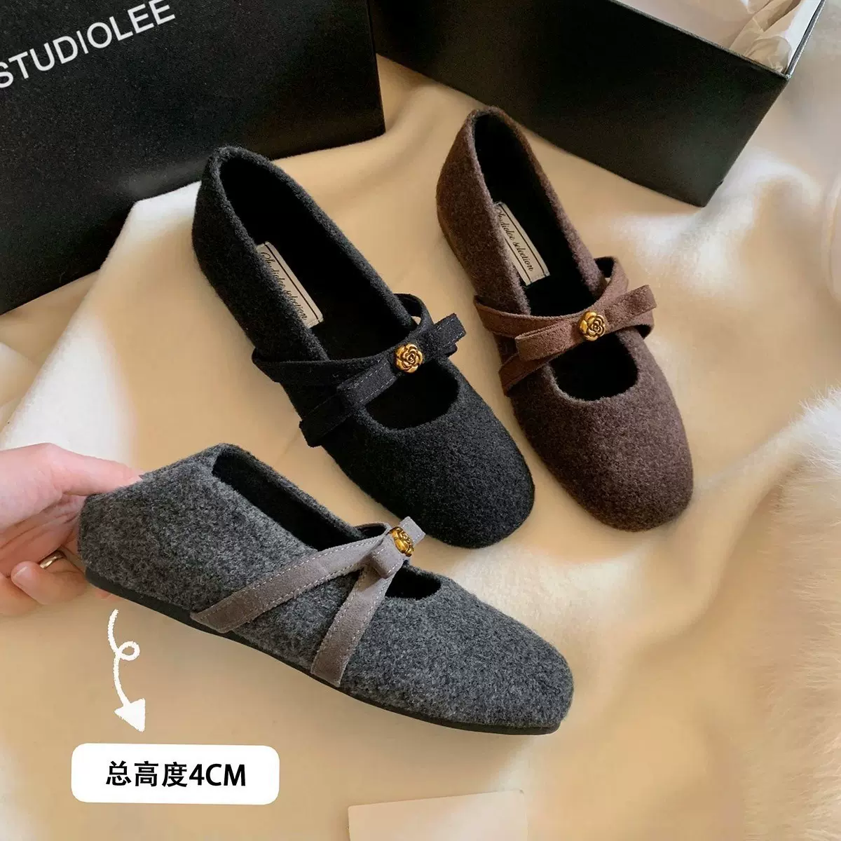上新毛绒~山茶花增高4cm_秋冬加绒蝴蝶结单鞋内增高加绒玛丽珍鞋