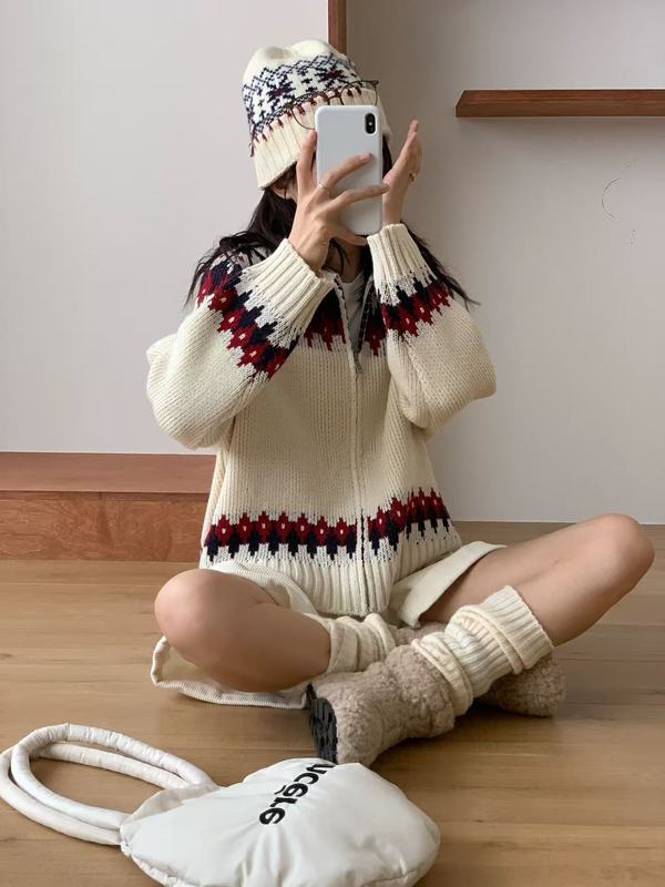 复古文艺费尔岛毛衣外套女减龄少女翻领针织开衫韩版秋冬拉链开衫|undefined