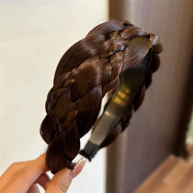 handmade wig headband with pigtail, scalloped hair accessory, matte silk, Ø≈15 cm