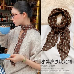 韓国レトロブラウン水玉模様の女性用シルクスカーフ 2025 新しい多用途ネックハイエンドリボンヘアタイロングスカーフ