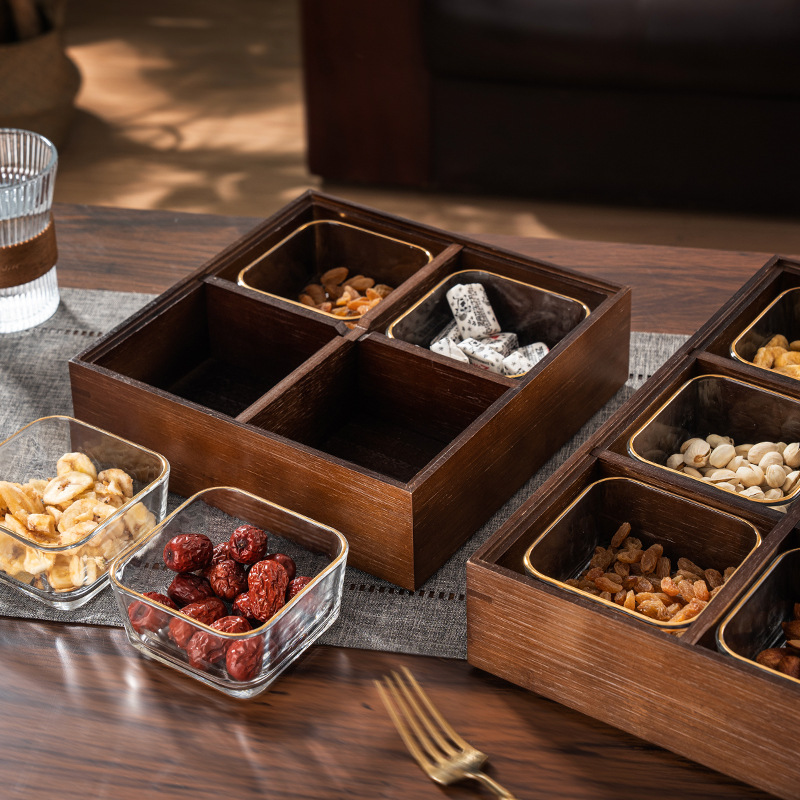 Nueva caja de frutas secas de madera china, caja de almacenamiento de bocadillos de nueces, bandeja de frutas dividida, bandeja de dulces doméstica de nueva casa