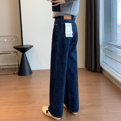 デニム原色ダークブルーの赤い裾上げハイウエスト細見え赤耳ストレートジーンズ女性用レトロ脚長効果
