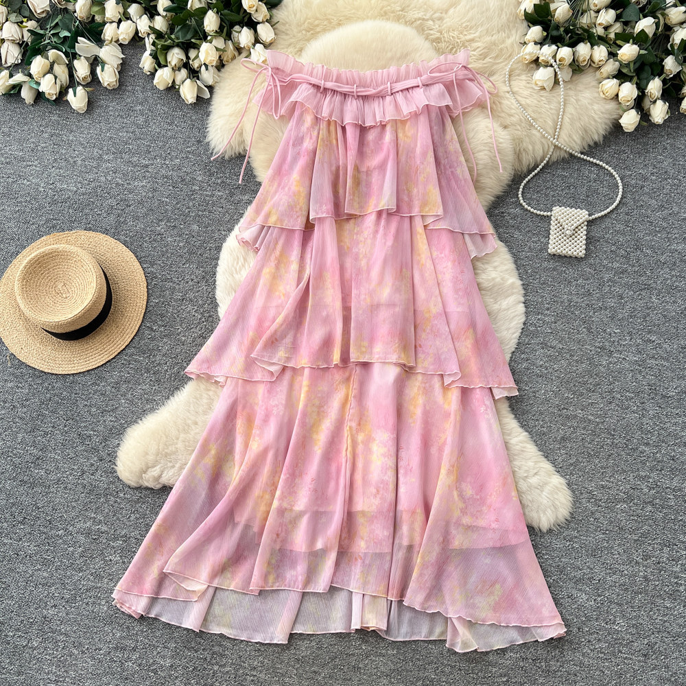 Pink Ruffled Cake Dress French Style Resort Sleeveless Off-Shoulder A-Line Women's Unique And Absolutely Stunning Dress_ecoleips.com